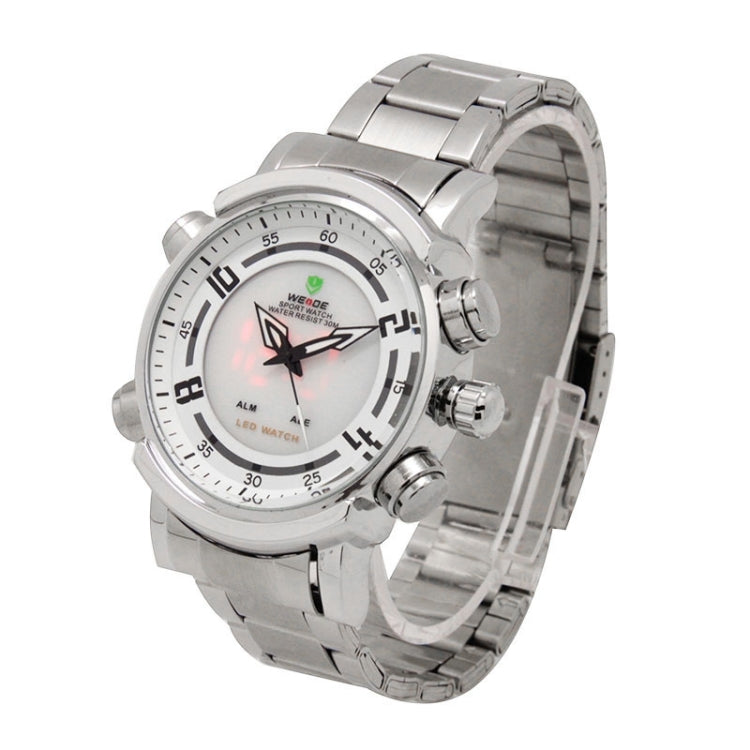 WEIDE WH1101 LED Time Date Display Alarm Wristwatch 30m Waterproof Stainless Steel Strap Quartz Sport Watch for Men (Silver + White)