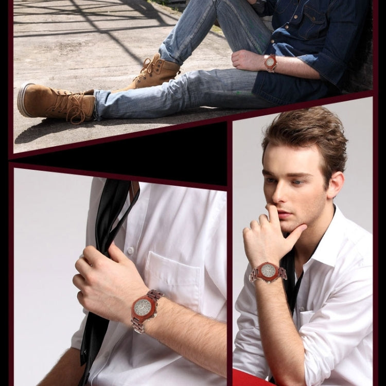 Men Dial Quartz Watch Red Metallic Wood Watchband with Date