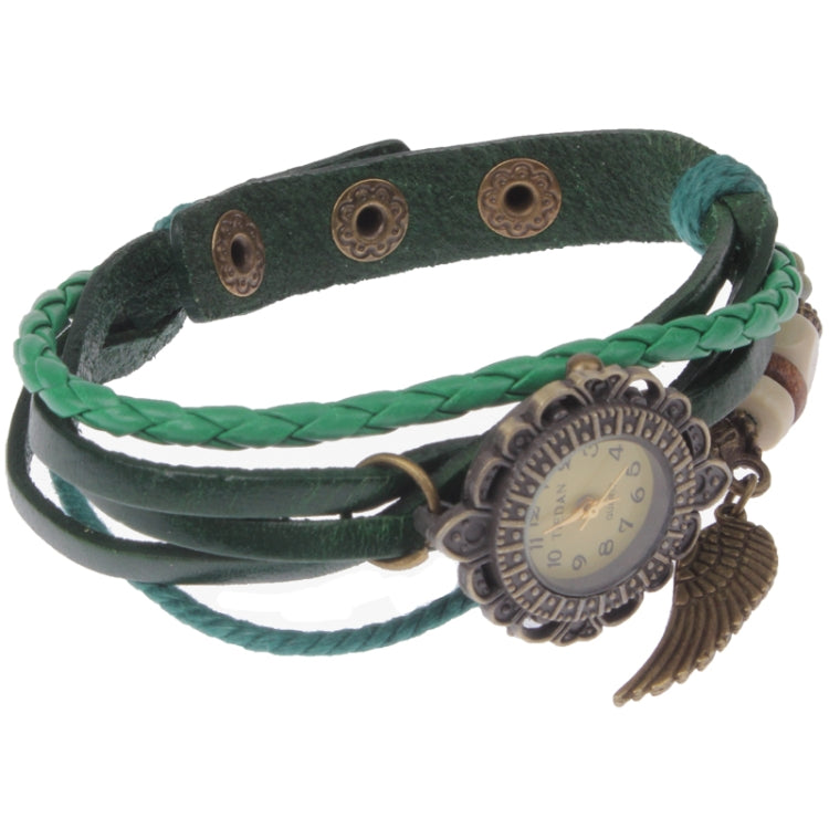 Retro Quartz Watch Wrist Watch with PU Leather Strap & Wing Style Pendant (Green)