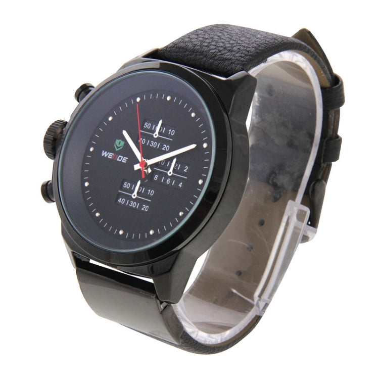 WEIDE WH3305 Pointer Type Display Wristwatch 30m Waterproof Leather Strap Quartz Sport Watch for Men(Black)