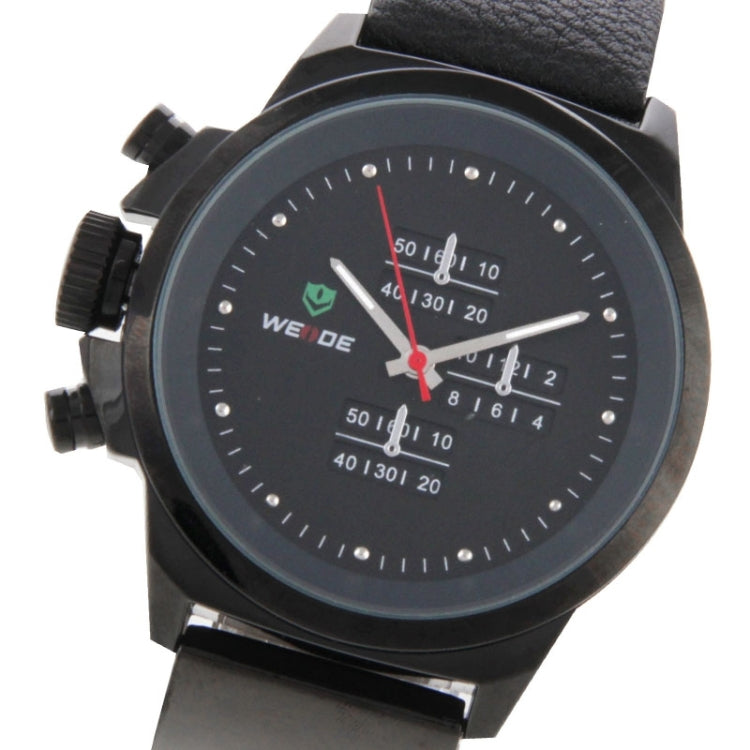WEIDE WH3305 Pointer Type Display Wristwatch 30m Waterproof Leather Strap Quartz Sport Watch for Men(Black)