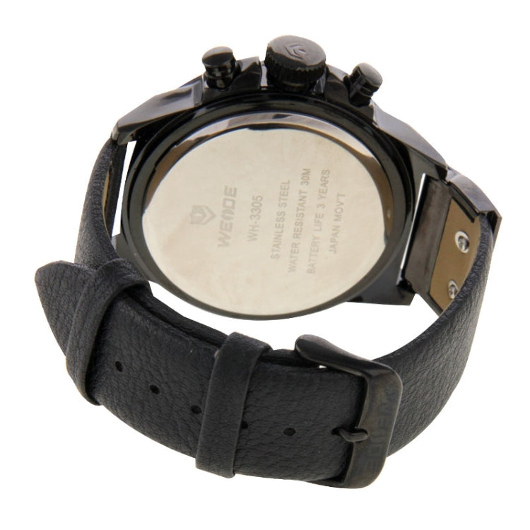 WEIDE WH3305 Pointer Type Display Wristwatch 30m Waterproof Leather Strap Quartz Sport Watch for Men(Black)