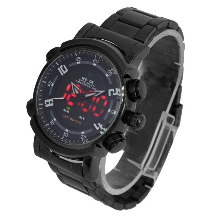WEIDE WH1101 LED Time Date Display Alarm Wristwatch 30m Waterproof Stainless Steel Strap Quartz Sport Watch for Men(Black)