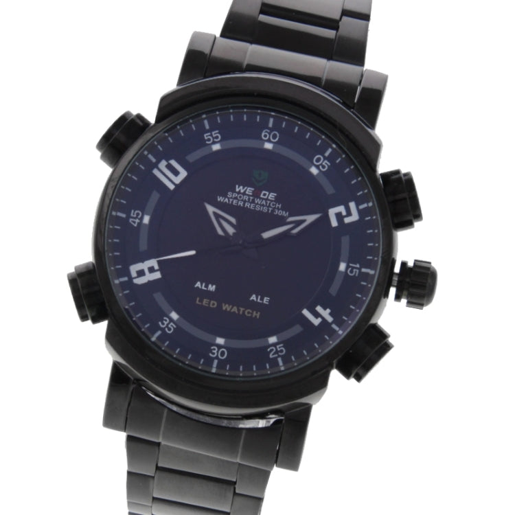 WEIDE WH1101 LED Time Date Display Alarm Wristwatch 30m Waterproof Stainless Steel Strap Quartz Sport Watch for Men(Black)