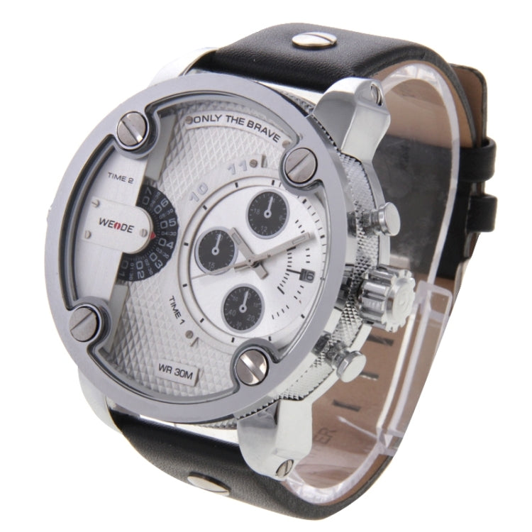 WEIDE WH3301 Calendar Display 3 Decoration Dials Oversized Wristwatch 30m Waterproof Leather Strap Quartz Sport Watch for Men(Silver)