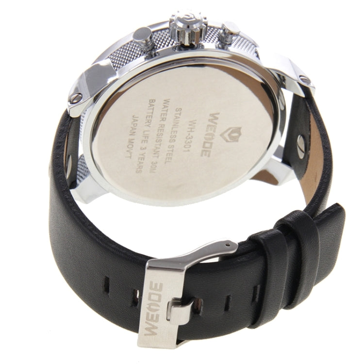 WEIDE WH3301 Calendar Display 3 Decoration Dials Oversized Wristwatch 30m Waterproof Leather Strap Quartz Sport Watch for Men(Silver)