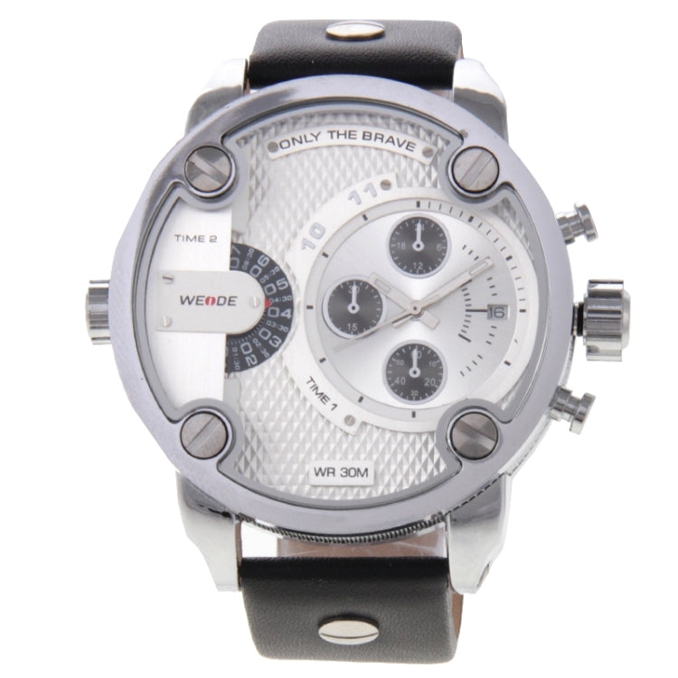 WEIDE WH3301 Calendar Display 3 Decoration Dials Oversized Wristwatch 30m Waterproof Leather Strap Quartz Sport Watch for Men(Silver)