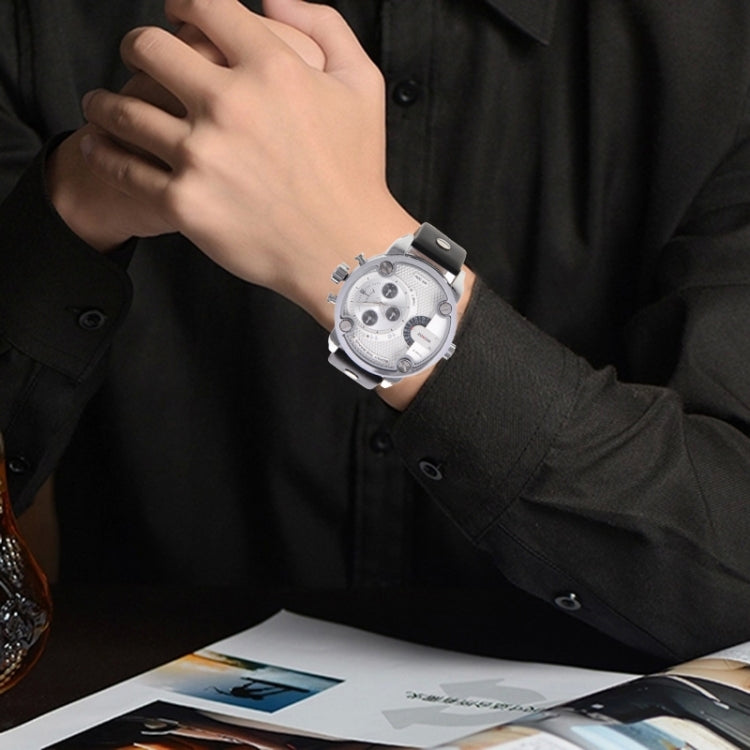 WEIDE WH3301 Calendar Display 3 Decoration Dials Oversized Wristwatch 30m Waterproof Leather Strap Quartz Sport Watch for Men(Silver)
