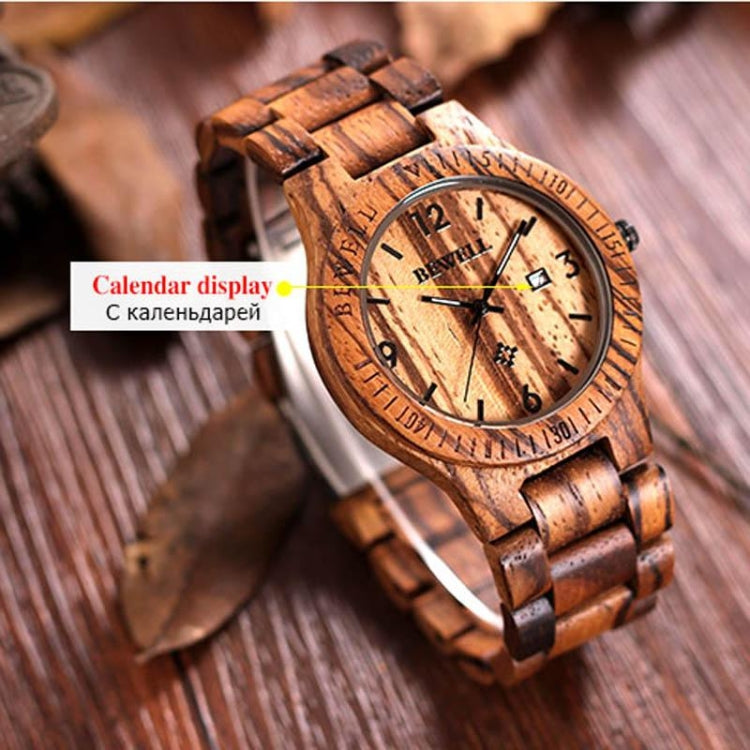 BEWELL 2538 Calendar Display Unique Zebra Maple Men Quartz Watch with Maple Band(Coffee)