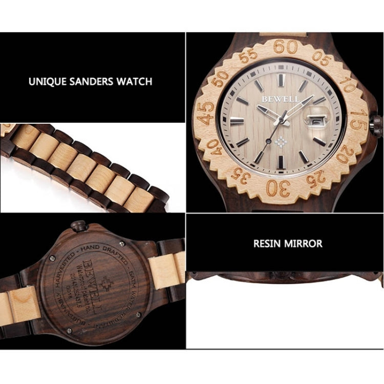 BEWELL 2541 Calendar Display Gear Case Design Sanders Men Quartz Watch with Maple Band(White)