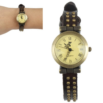 Leather Strap Coppery Metal Spot Decoration Quartz Watch