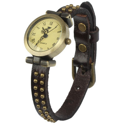 Leather Strap Coppery Metal Spot Decoration Quartz Watch