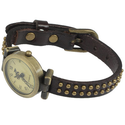 Leather Strap Coppery Metal Spot Decoration Quartz Watch