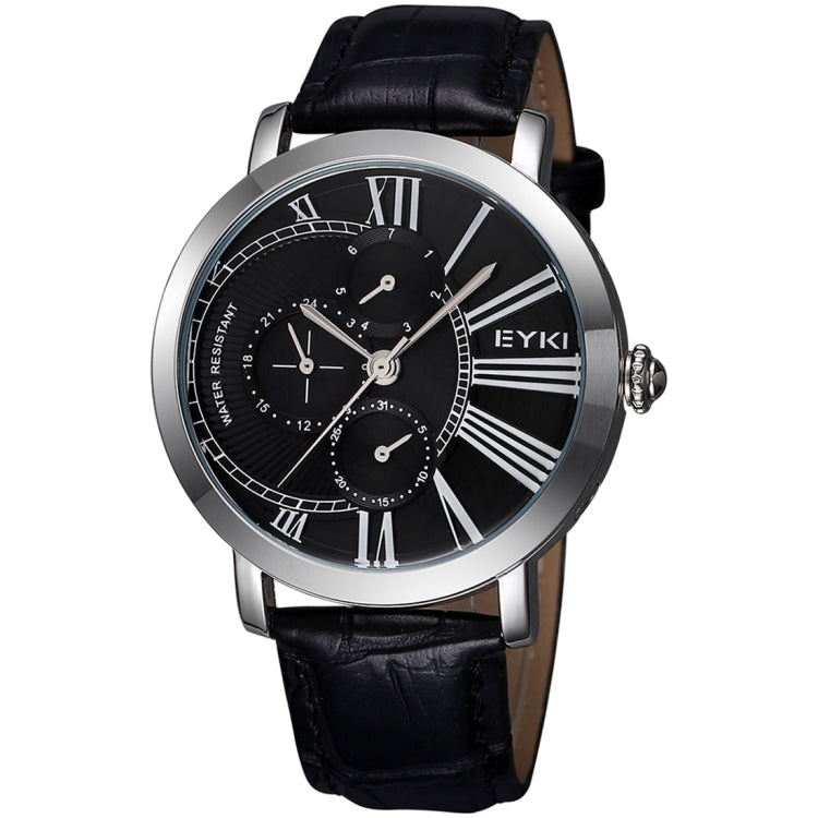 EYKI 3796 Multifunctional Three Real Dial Quartz Watch Wrist Watch Dress Watch Unisex Watch with PU Band(Black Band + Silvery Case)
