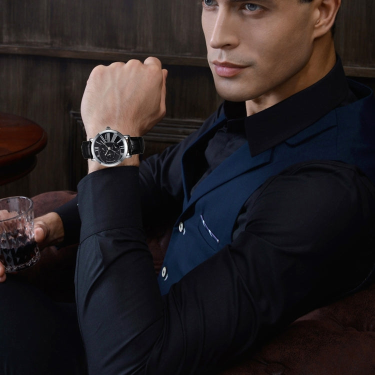 EYKI 3796 Multifunctional Three Real Dial Quartz Watch Wrist Watch Dress Watch Unisex Watch with PU Band(Black Band + Silvery Case)