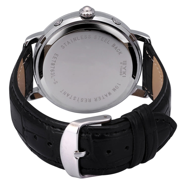 EYKI 3796 Multifunctional Three Real Dial Quartz Watch Wrist Watch Dress Watch Unisex Watch with PU Band(Black Band + Silvery Case)