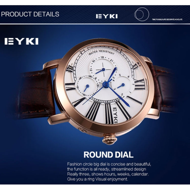 EYKI 3796 Multifunctional Three Real Dial Quartz Watch Wrist Watch Dress Watch Unisex Watch with PU Band(Black Band + Silvery Case)