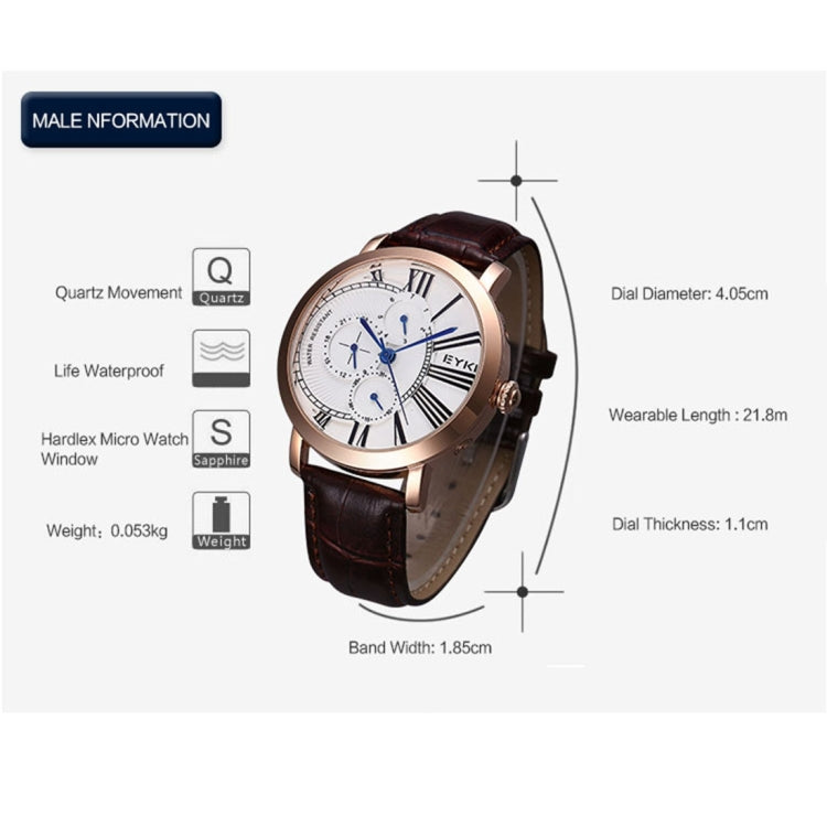 EYKI 3796 Multifunctional Three Real Dial Quartz Watch Wrist Watch Dress Watch Unisex Watch with PU Band(Black Band + Silvery Case)