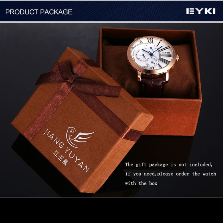 EYKI 3796 Multifunctional Three Real Dial Quartz Watch Wrist Watch Dress Watch Unisex Watch with PU Band(Black Band + Silvery Case)