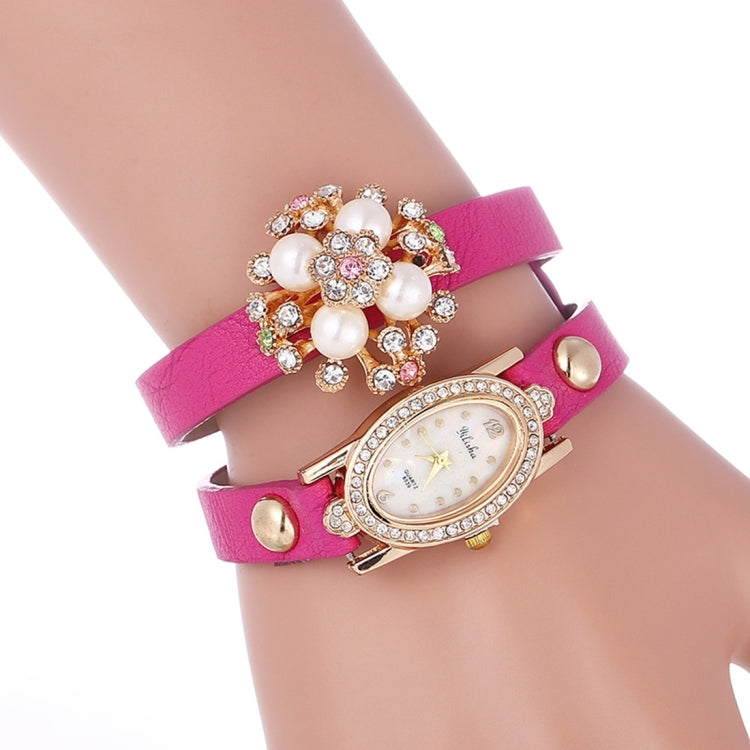 YiLiSha Oval Shape Rhinestones Dial Fashion Women Quartz Watch with Pearl Rhinestone Flower Design PU Leather Band