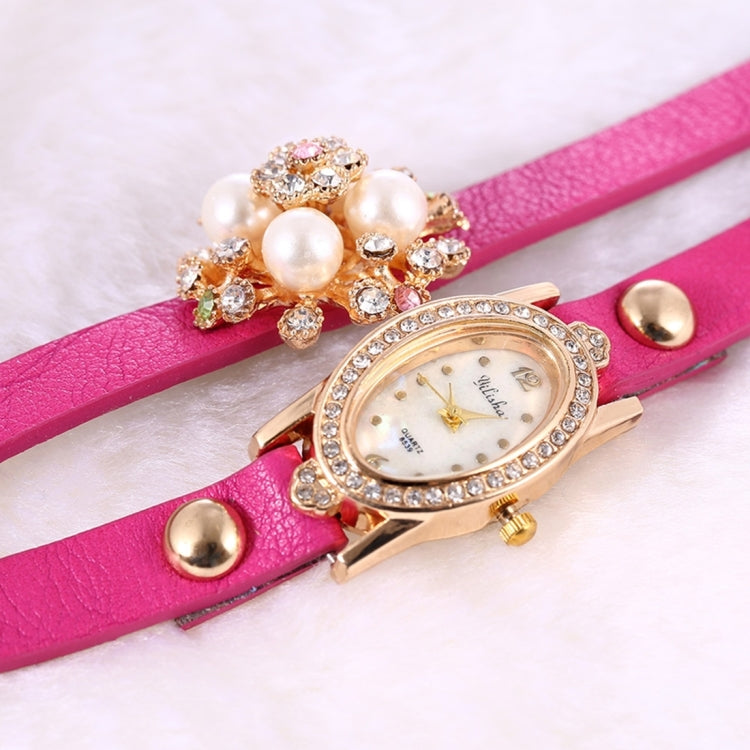 YiLiSha Oval Shape Rhinestones Dial Fashion Women Quartz Watch with Pearl Rhinestone Flower Design PU Leather Band