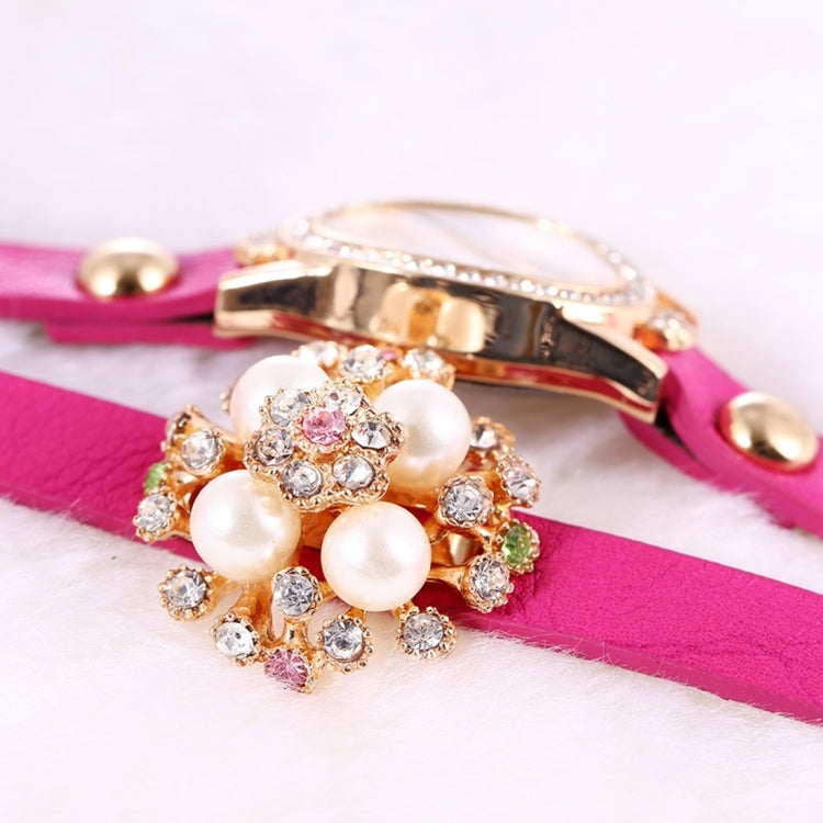 YiLiSha Oval Shape Rhinestones Dial Fashion Women Quartz Watch with Pearl Rhinestone Flower Design PU Leather Band