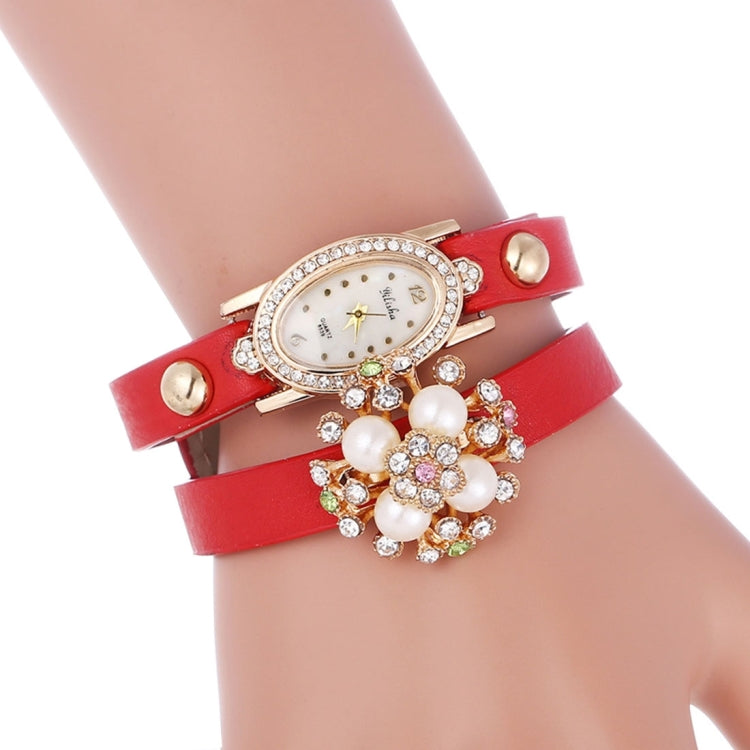 YiLiSha Oval Shape Rhinestones Dial Fashion Women Quartz Watch with Pearl Rhinestone Flower Design PU Leather Band