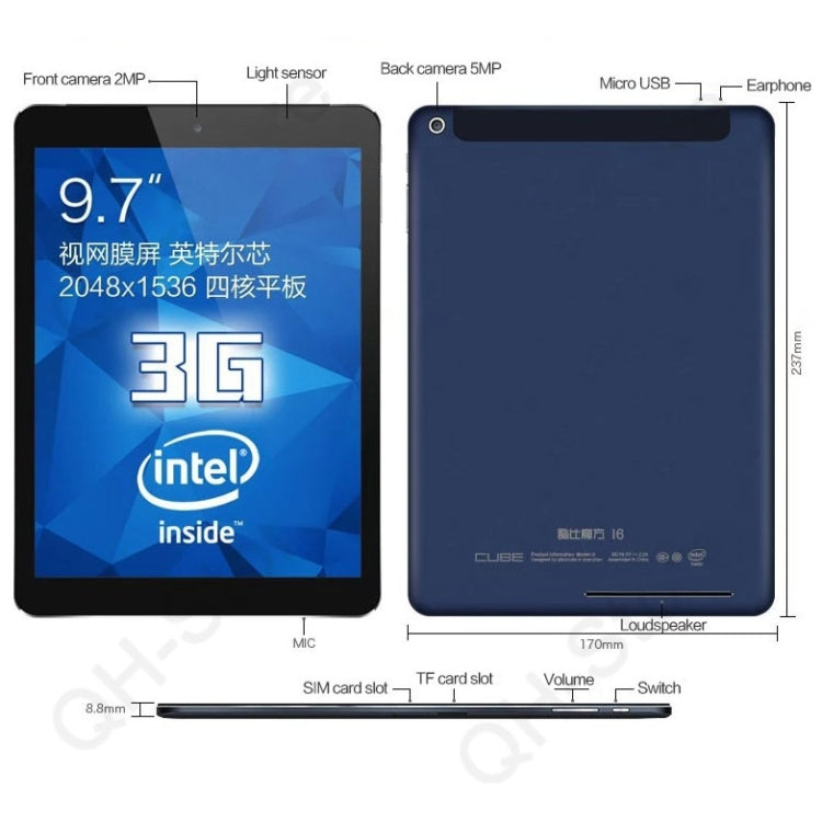 Cube I6 Tablet PC 32GB, 9.7 inch, Android 4.4.2, Intel Z3735F 64bit Quad-core 1.33-1.8GHz, RAM: 2GB, GPS