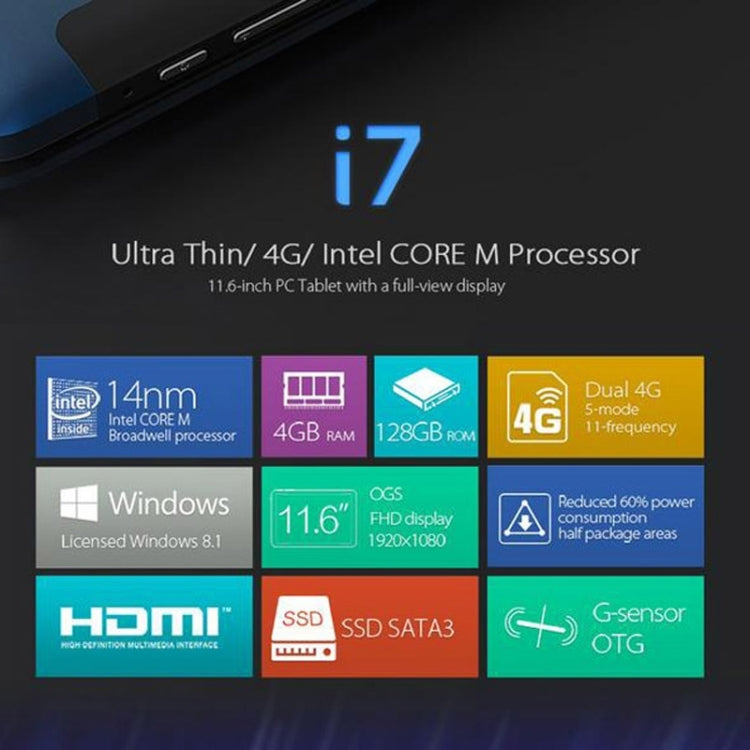 Cube i7 Tablet PC 128GB, Network: 4G, 11.6 inch Windows 10, Intel Core-M 5Y10C Dual-core, RAM: 4GB, Bluetooth V4.0, with Keyboard