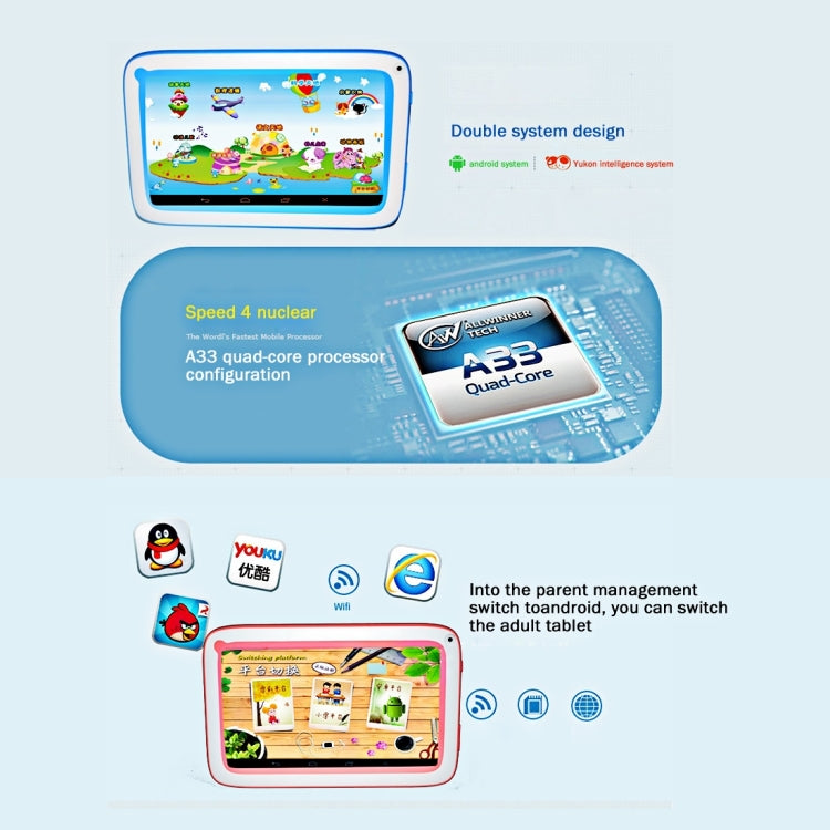 Kids Education Tablet, 7.0 inch, 512MB+8GB, Android 4.4 Allwinner A33 Quad Core, WiFi, Bluetooth