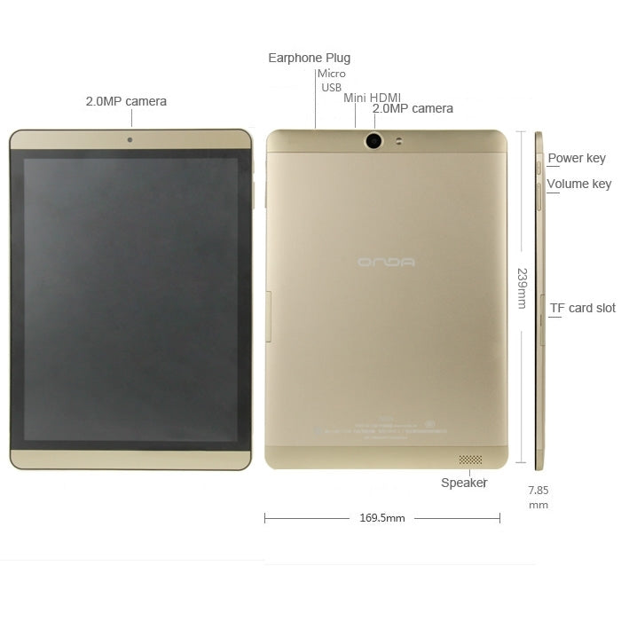 ONDA New V989 AIR Tablet PC 16GB, 9.7 inch Android 4.4.2, CPU: Allwinner A83 Octa Core ARM Cortex A7*8 2.0GHz, RAM: 2GB, CE FCC ROHS WEEE Certification(Gold)