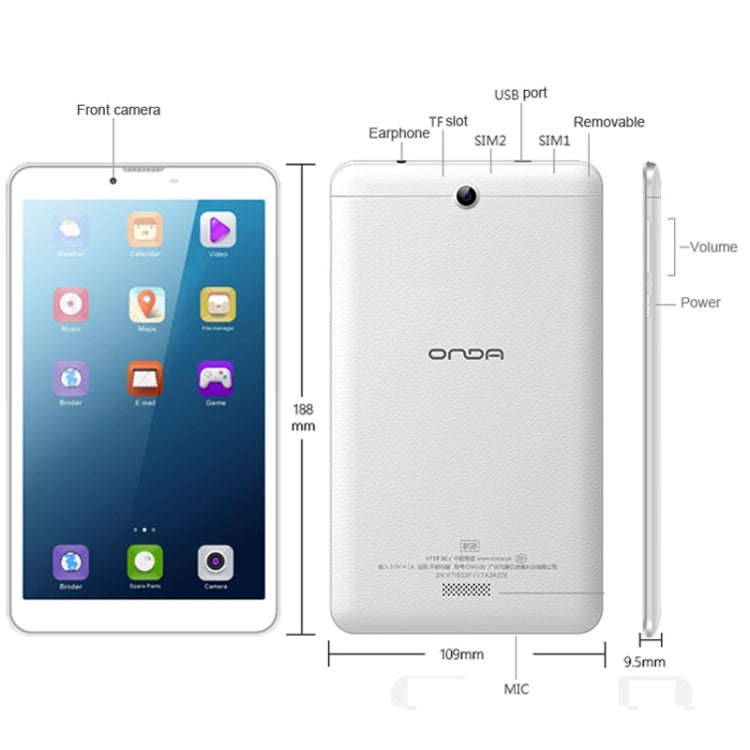 ONDA V719 3Gs Tablet PC 8GB, 7.0 inch Phone Call Android 5.1, CPU: Intel Atom SoFIA 3G-R X86 Quad-Core 1.0GHz, RAM: 1GB, CE FCC ROHS WEEE Certification
