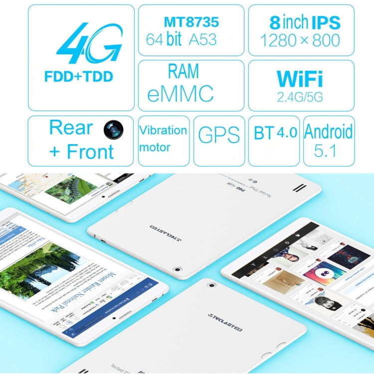 Teclast P80 4G, 8.0 inch, 1GB+16GB, 4G Phone Call, Android 5.1, MT8735 Quad Core 1.3GHz, WiFi, GPS, BT, OTG(White)