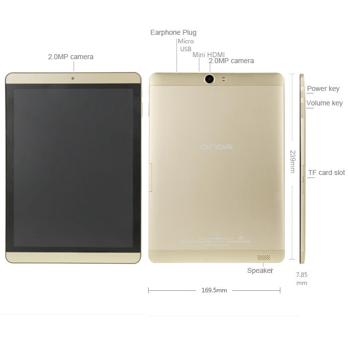 ONDA New V989 AIR Tablet PC 32GB, 9.7 inch Android 4.4.2, CPU: Allwinner A83 Octa Core ARM Cortex A7*8 2.0GHz, RAM: 2GB, CE FCC ROHS WEEE Certification(Gold)