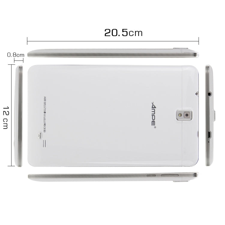 AMPE A88 Tablet PC 8GB, 8 inch Android 4.4, MSM8916 Quad Core 1.2GHz, RAM: 1GB, Dual SIM, 4G Phone Call, GPS(White)