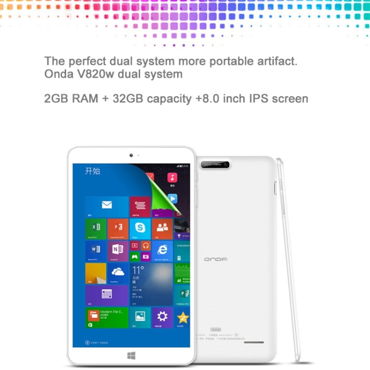 ONDA V820w Dual OS, 2GB+32GB, 8.0 inch, Windows 10 & Android 4.4 Intel Z3735F X86 64Bit Quad Core 1.33-1.83GHz, CE FCC ROHS WEEE Certification(White)