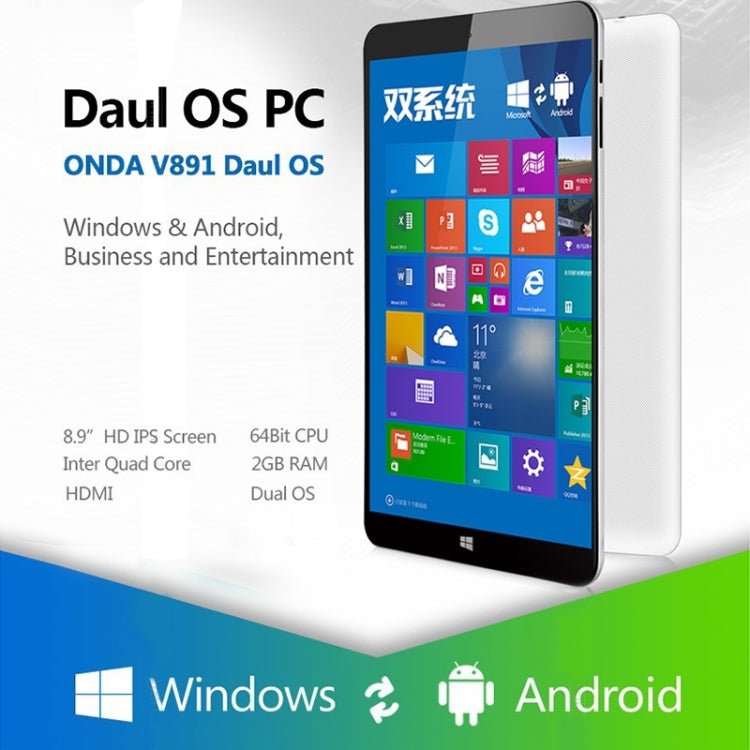 ONDA V891 Dual OS, 2GB+32GB, 8.9 inch, Windows 10 & Android 4.4 Intel Z3735F X86 64Bit Quad Core 1.33-1.83GHz, CE FCC ROHS WEEE Certification(White)