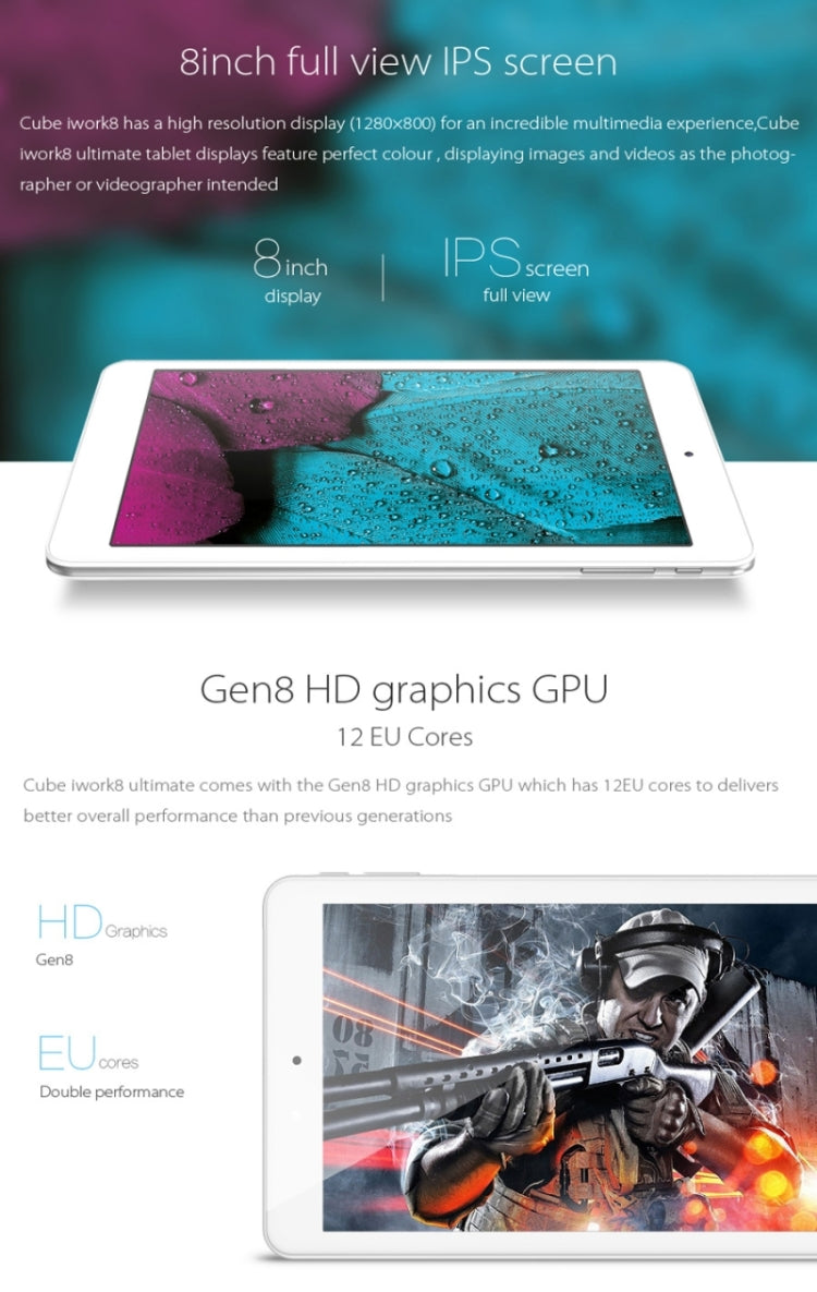 Cube iwork8 Ultimate Tablet PC 32GB, 8 inch Windows 10, Intel Cherry Trail Z8300 Quad Core 1.44-1.84GHz, RAM: 2GB(White)