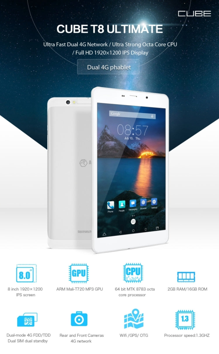 Cube T8 Plus, 8 inch,  2GB+16GB, Android 5.1 4G Phone Call, MT8783 Octa Core 1.3GHz, Dual SIM, GPS(Silver)