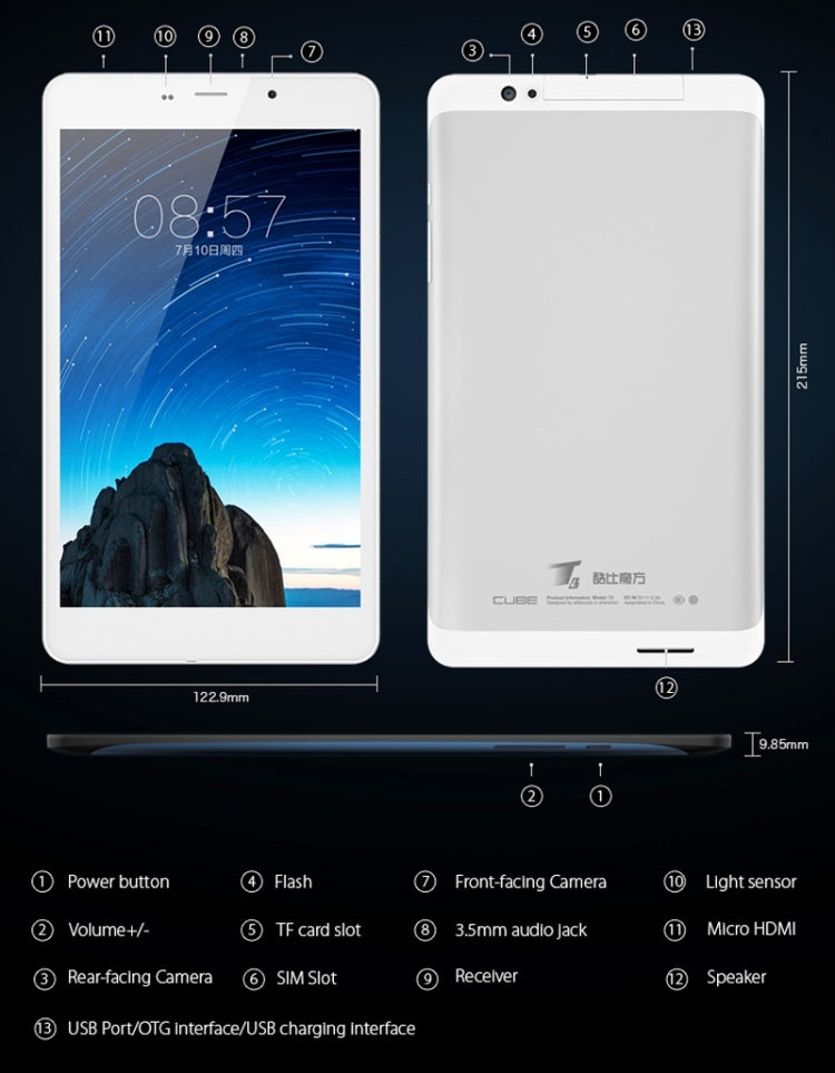 Cube T8 Tablet PC 8GB, 8 inch Android 5.1 4G Phone Call, MT8735 Quad Core 1.3GHz, RAM: 1GB, Dual SIM, GPS(Silver)