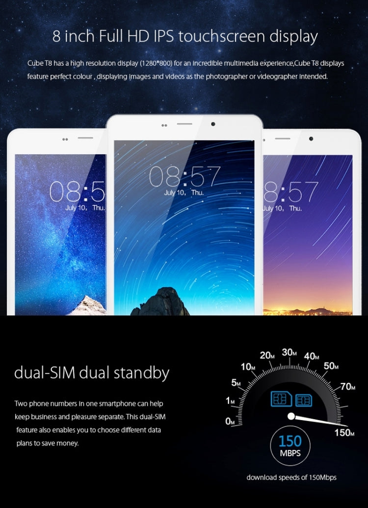 Cube T8 Tablet PC 8GB, 8 inch Android 5.1 4G Phone Call, MT8735 Quad Core 1.3GHz, RAM: 1GB, Dual SIM, GPS(Silver)