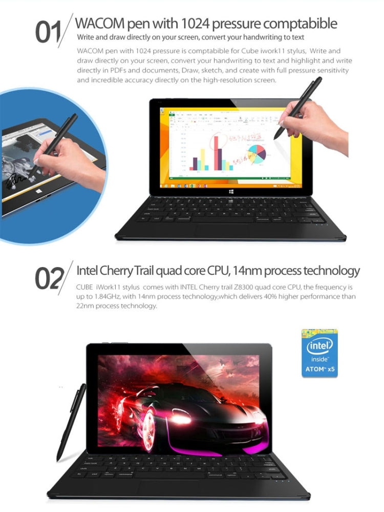Cube iWork11 Stylus/ i8 T Dual OS, 10.6 inch, 64GB, Windows 10 & Android 5.1, Intel Atom x5-Z8300 Quad Core 1.44-1.8GHz, RAM: 4GB(Dark Blue)