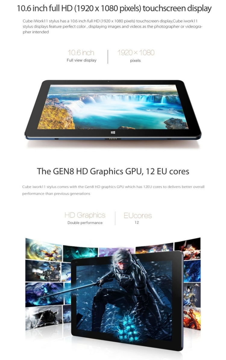 Cube iWork11 Stylus/ i8 T Dual OS, 10.6 inch, 64GB, Windows 10 & Android 5.1, Intel Atom x5-Z8300 Quad Core 1.44-1.8GHz, RAM: 4GB(Dark Blue)