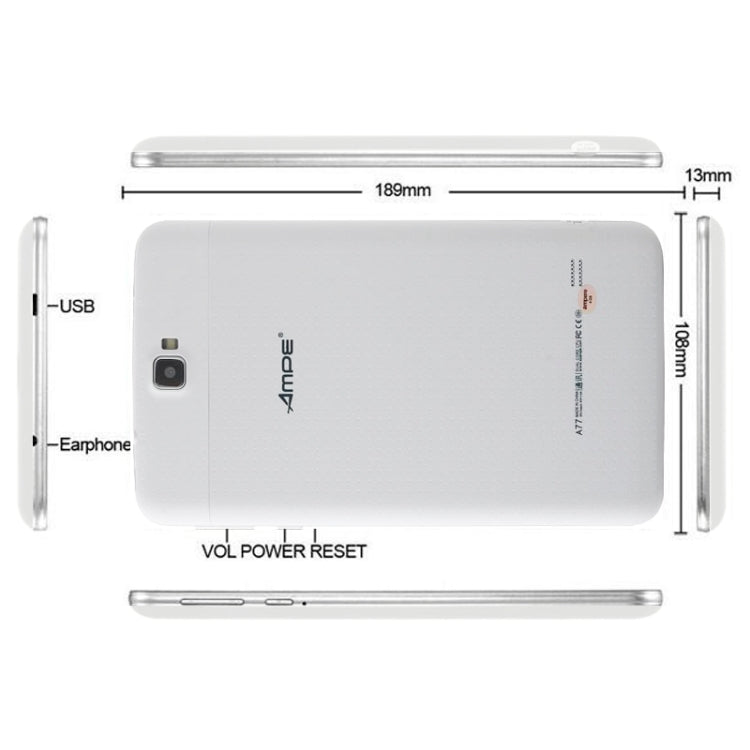 Ampe A77, 7.0 inch, 512MB+4GB, 2G + Voice Function Android 4.2.2, MTK6572 Dual Core 1.3GHz, Dual SIM, OTG, GPS, WiFi, Bluetooth