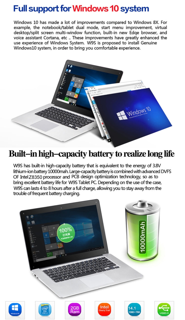 W9S NetBook PC, 14.1 inch, 2GB+32GB, Windows 10 Home Intel Cherry Trail Atom X5-Z8350 Quad Core 1.44GHz-1.84GHz(Silver)