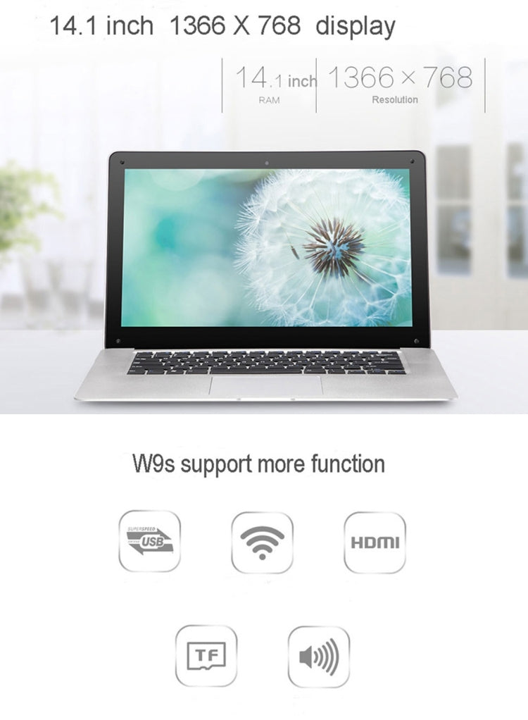 W9S NetBook PC, 14.1 inch, 2GB+32GB, Windows 10 Home Intel Cherry Trail Atom X5-Z8350 Quad Core 1.44GHz-1.84GHz(Silver)