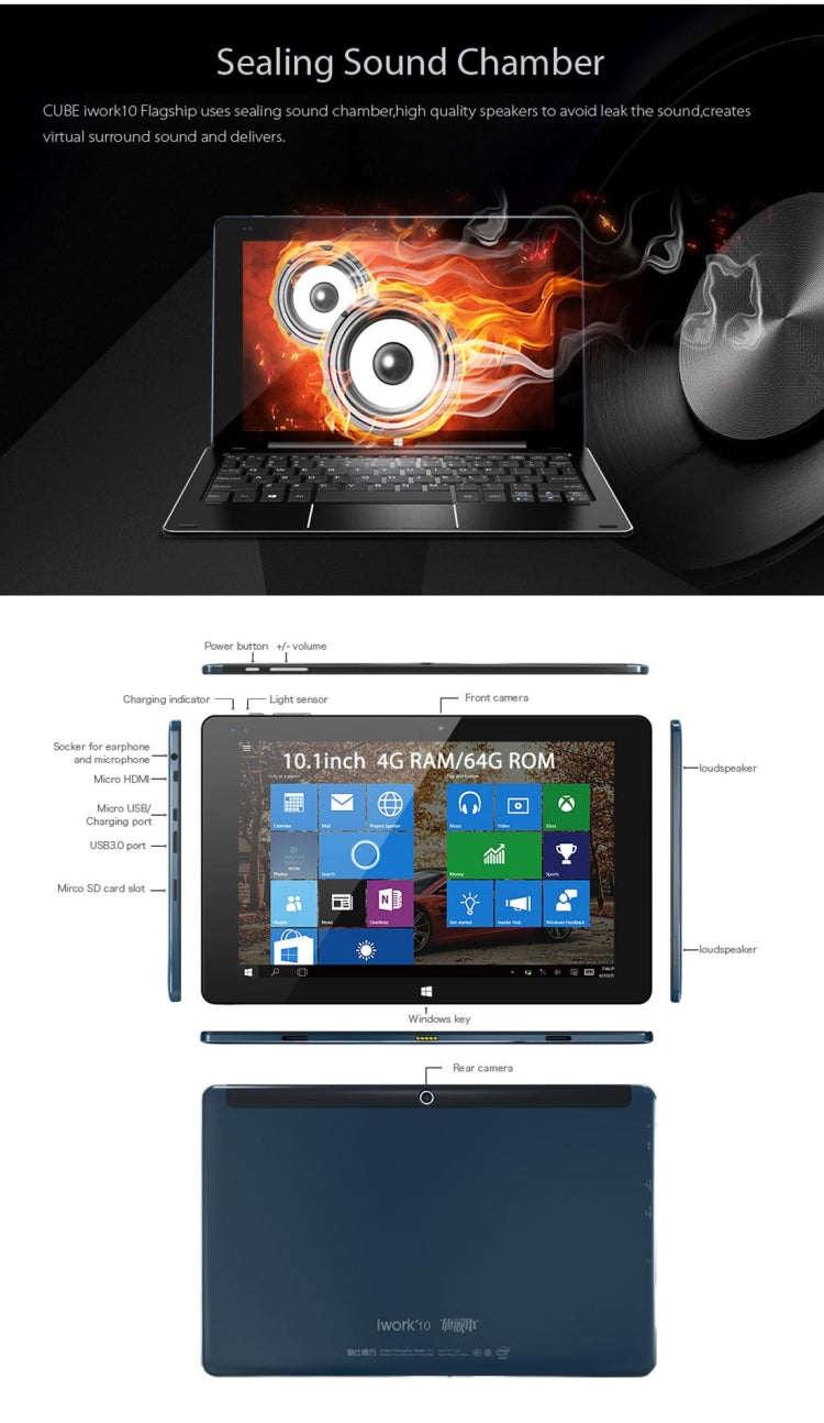 CUBE i15 iwork10 Flagship Dual OS, 10.1 inch, 4GB+64GB, Windows 10 & Android 5.1, Intel Cherry Trail Z8350 Quad-core 1.44-1.8GHz