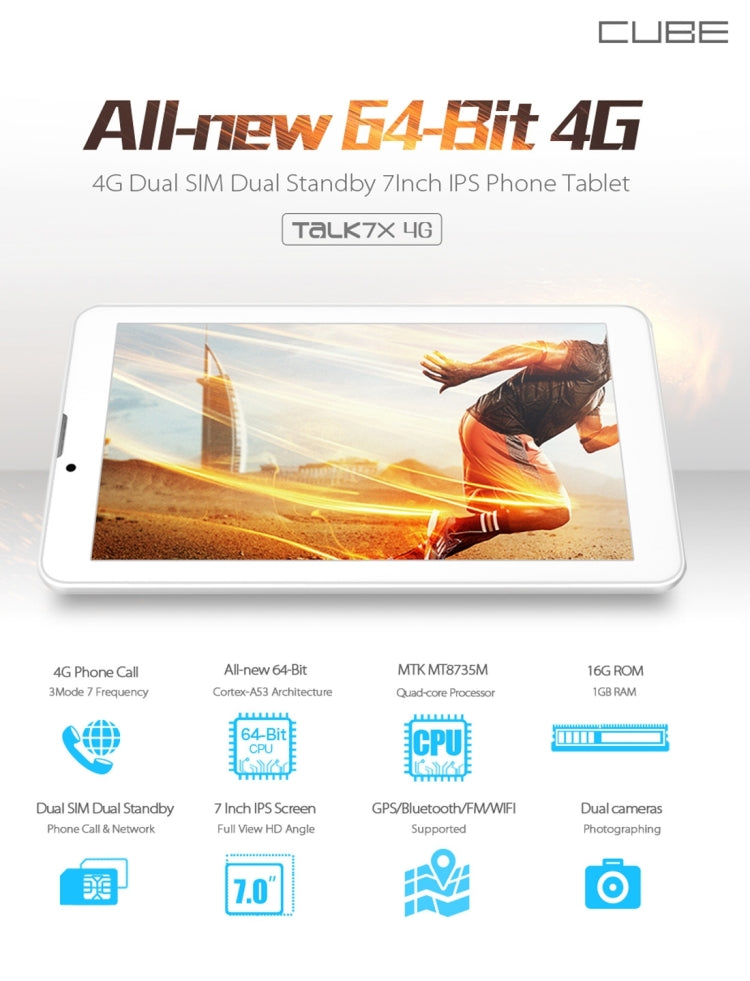 Cube Talk7X Tablet PC 16GB, 7.0 inch 4G Phone Call Android 5.1, CPU: MTK8735M Quad Core 64-bit, RAM: 1GB