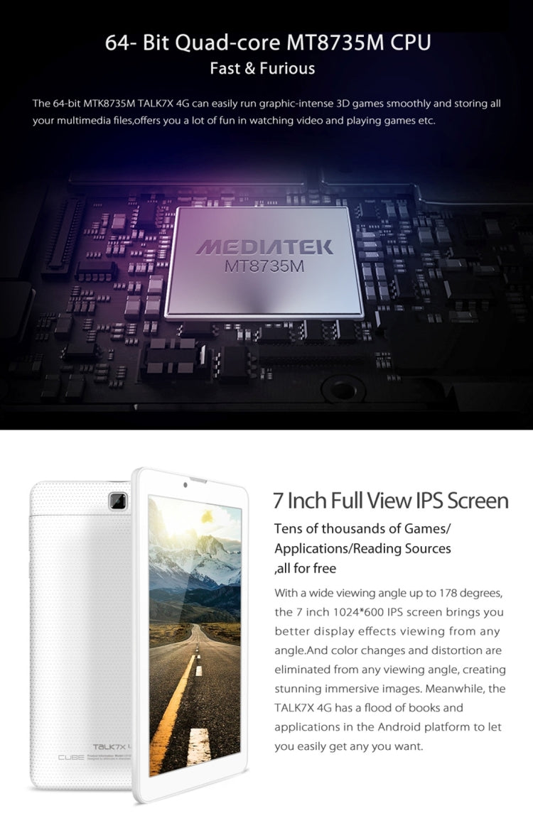 Cube Talk7X Tablet PC 16GB, 7.0 inch 4G Phone Call Android 5.1, CPU: MTK8735M Quad Core 64-bit, RAM: 1GB