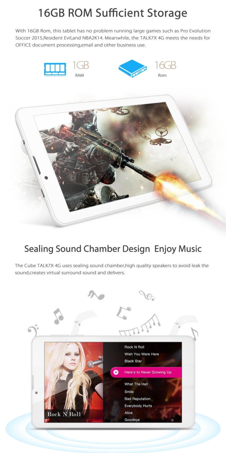 Cube Talk7X Tablet PC 16GB, 7.0 inch 4G Phone Call Android 5.1, CPU: MTK8735M Quad Core 64-bit, RAM: 1GB